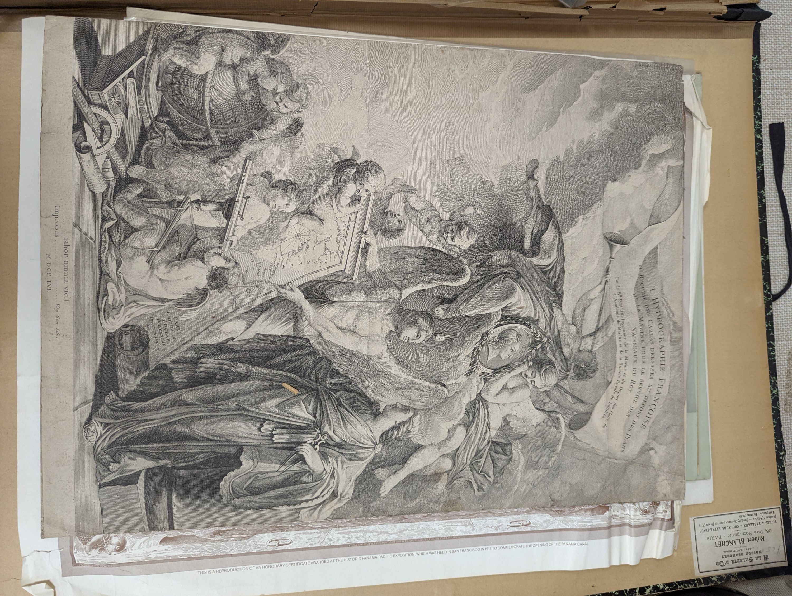 A folio of 18th/19th century maps and scientific engravings, including an engraving after Ludovico Lanberti, a map of the World plotting Bourgainvilles voyage of 1772